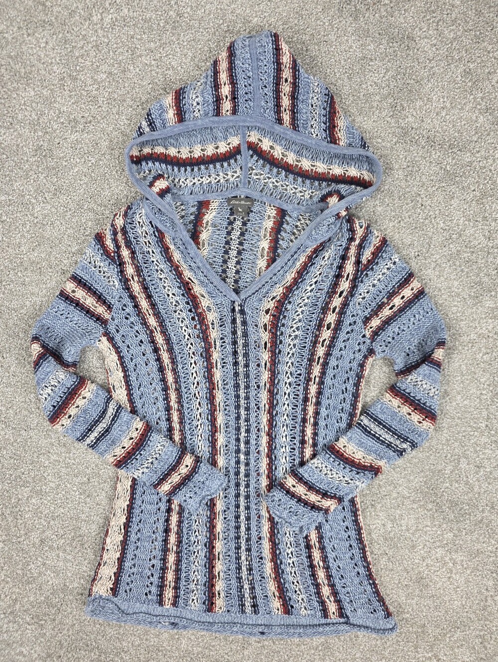 Eddie Bauer Striped Hooded Knit Sweater in Light Blue, Red, Navy, Cream - Picture 11 of 13